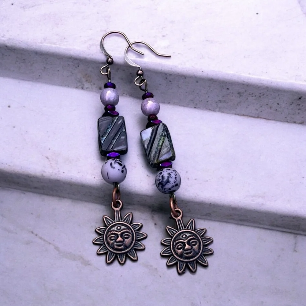 Handcrafted Sun Charm Dangle Earrings in Purple and Copper - Picture 8 of 13